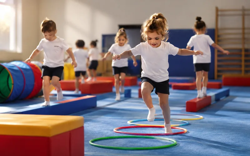 Bambini che corrono tra i cerchi, corso di avviamento allo sport